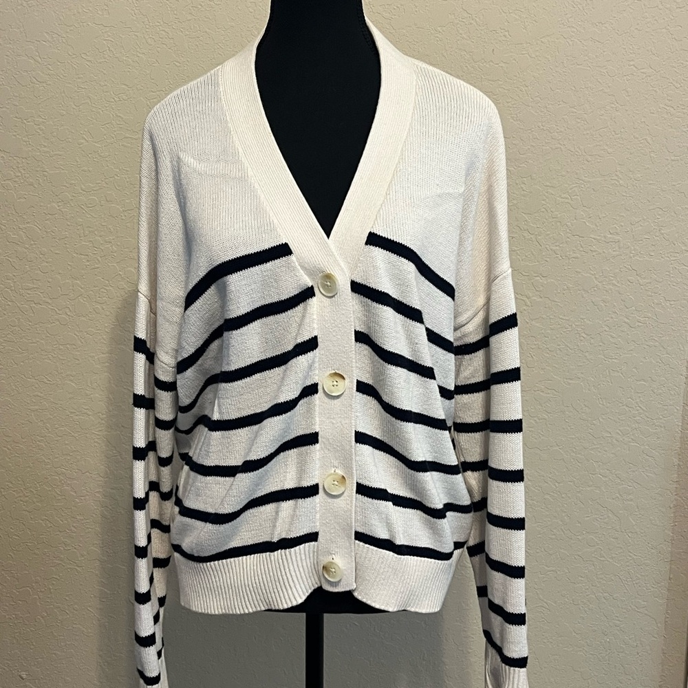 LOFT Blue and White Striped Cardigan Sweater - Picture 2 of 5